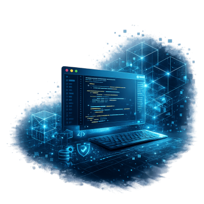 Futuristic code environment with holographic elements